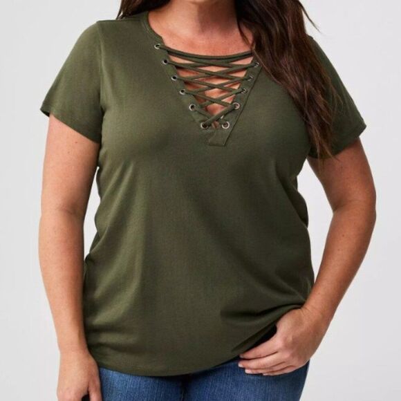 Torrid Army Green Neck Laced Short Sleeve Jersey Top 0677 - Picture 2 of 10